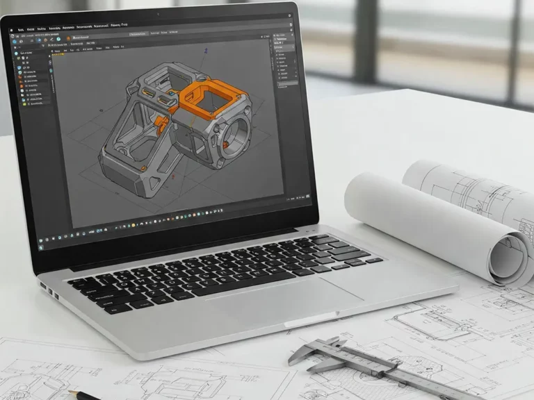 ordinateur portable avec logiciel cao conception assistee par ordinateur sur bureau plans et pied à coulisse