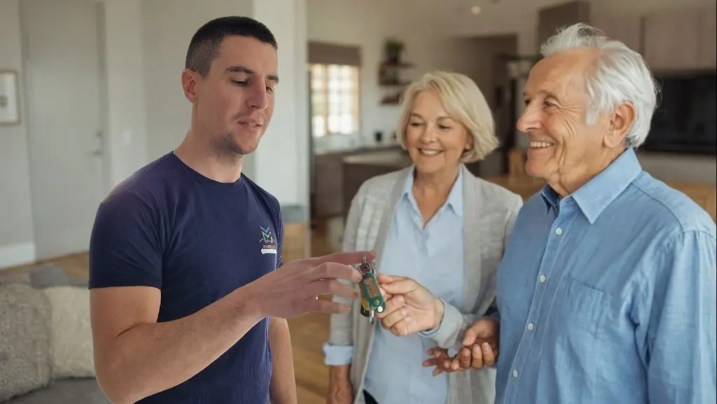 remise des cles par des proprietaires vendeurs a leur conseiller immobilier a romans-sur-isere
